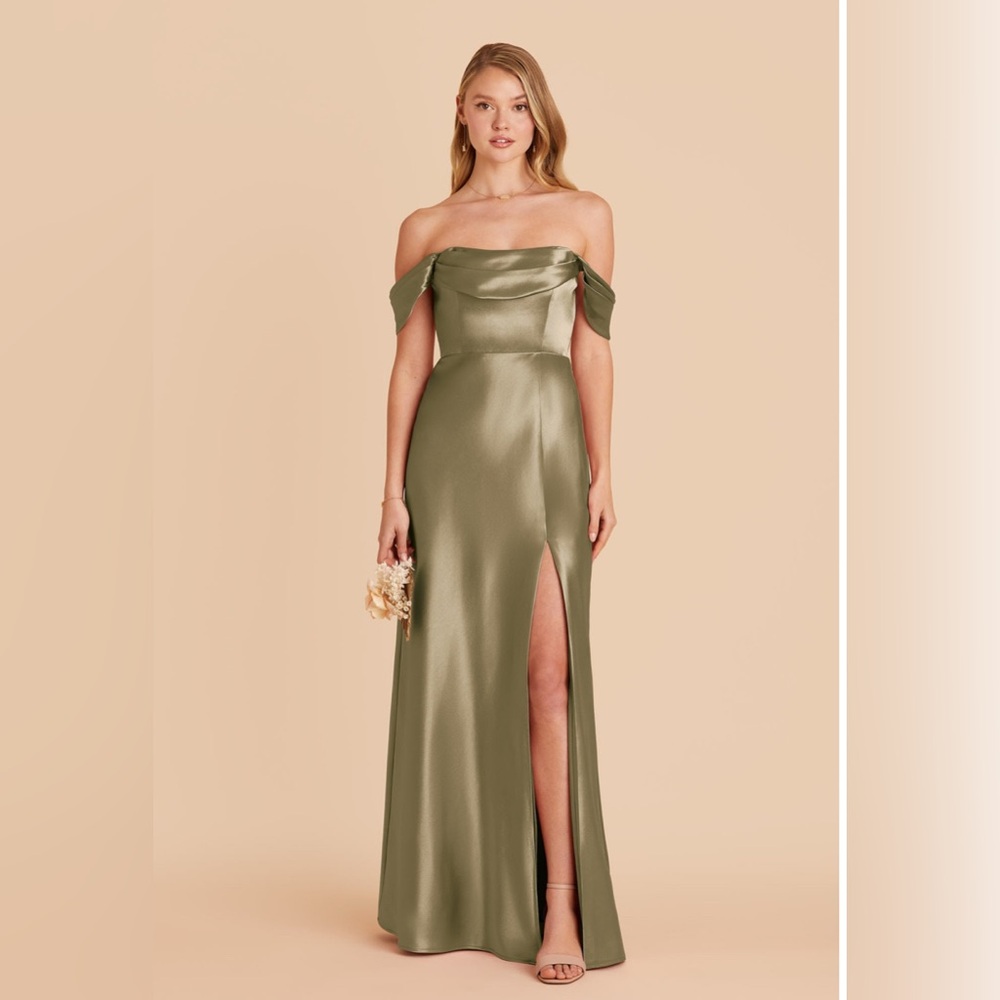 Birdy Grey Olive Green Strapless Satin Gown - no straps or shoulders!